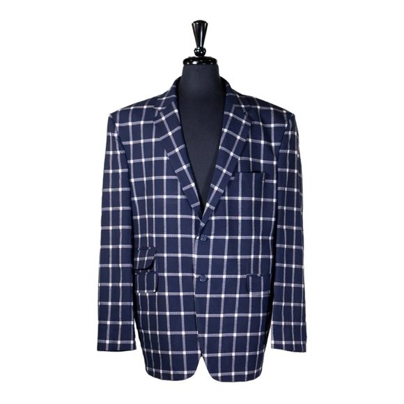 Mens Blazer Blue White Check Plaid Wool Dress Suit Jacket Wedding Sport Coat 48R